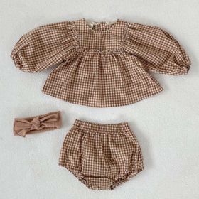 Baby Girl Plaid Pattern Loose Blouses WIth Shorts Headband 3 Pieces Sets (Size/Age: 90 (12-24M))